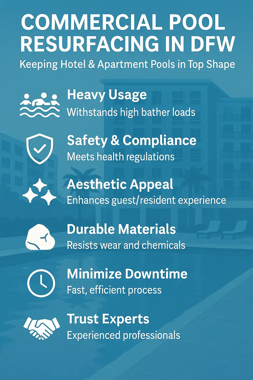 Pool resurfacing in Dallas, expert commercial pool plastering for hotels and apartments.